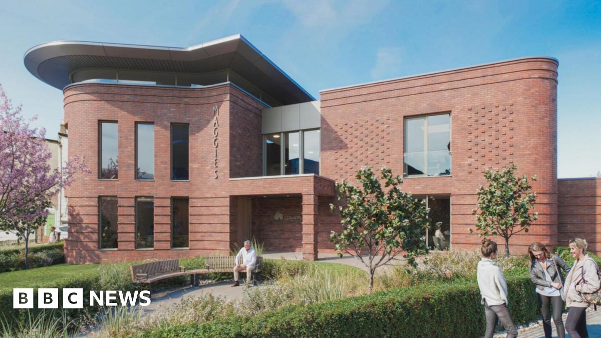 An artist's impression of a modern brown brick two-storey building with a garden area to the front with benches