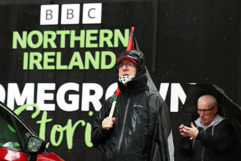 Pro-Palestinian protesters gather outside the BBC Northern Ireland office on Bedford Street in Belfast city centre. Picture by Jonathan Porter/PressEye