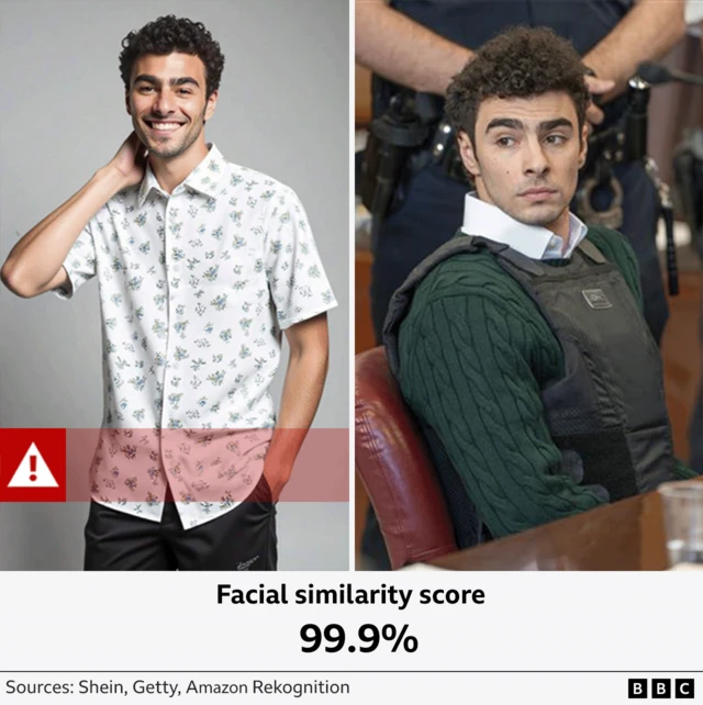 A side-by-side comparison of the fake image and a real picture of Mangione appearing in court showing a 99.9% similarity score