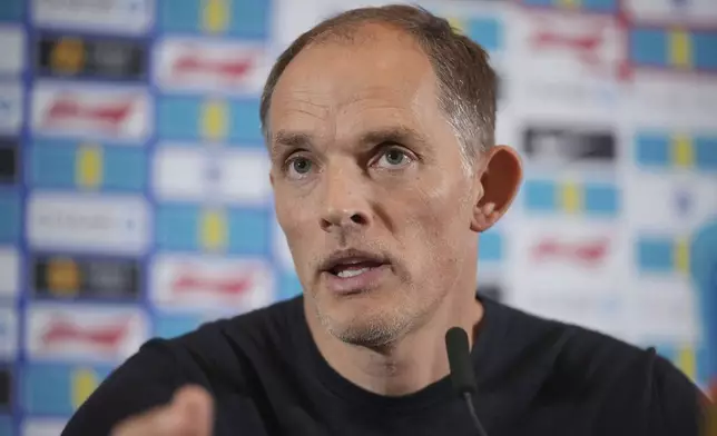 England men's soccer team head coach Thomas Tuchel, attends the news conference in London, Friday, Aug. 29, 2025 ahead of England's soccer World Cup qualifiers against Andorra and Serbia. (AP Photo/Kin Cheung)