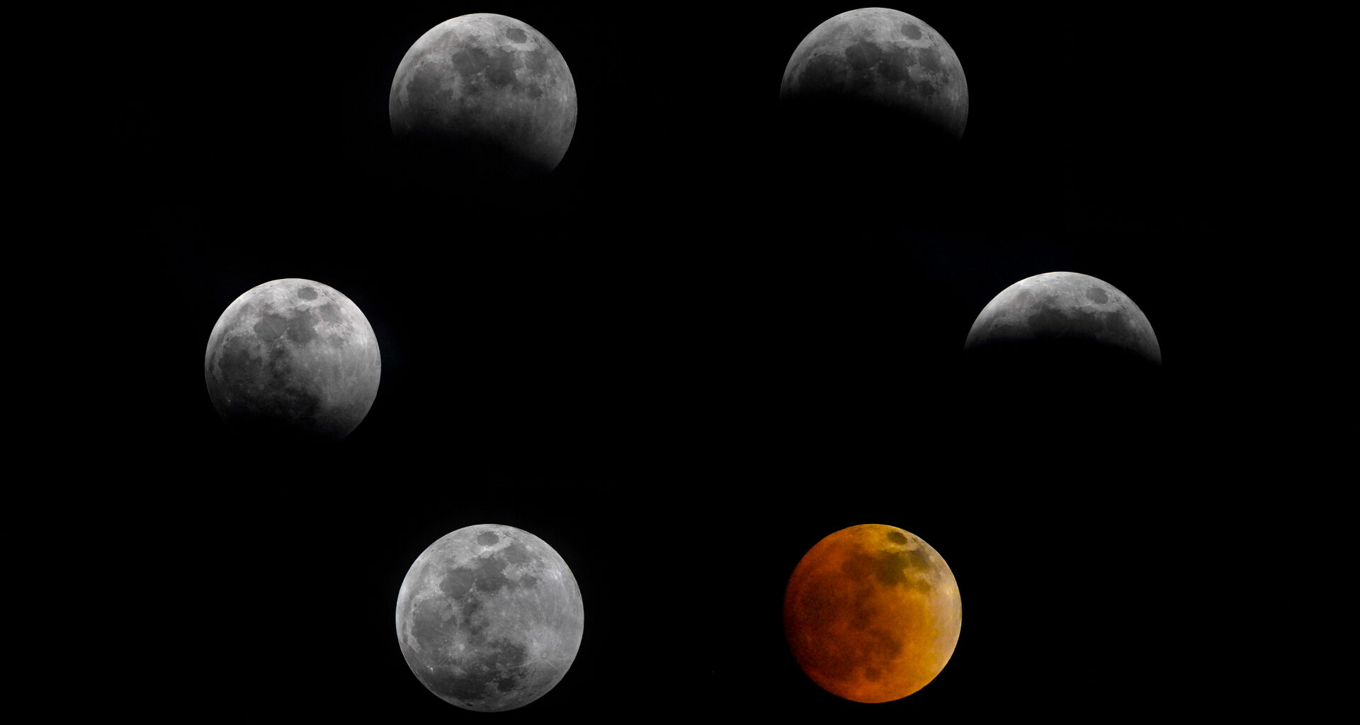A composite image showing six full moons in a circle, with each displaying a phase of the eclipse with the bottom right one being bright orange