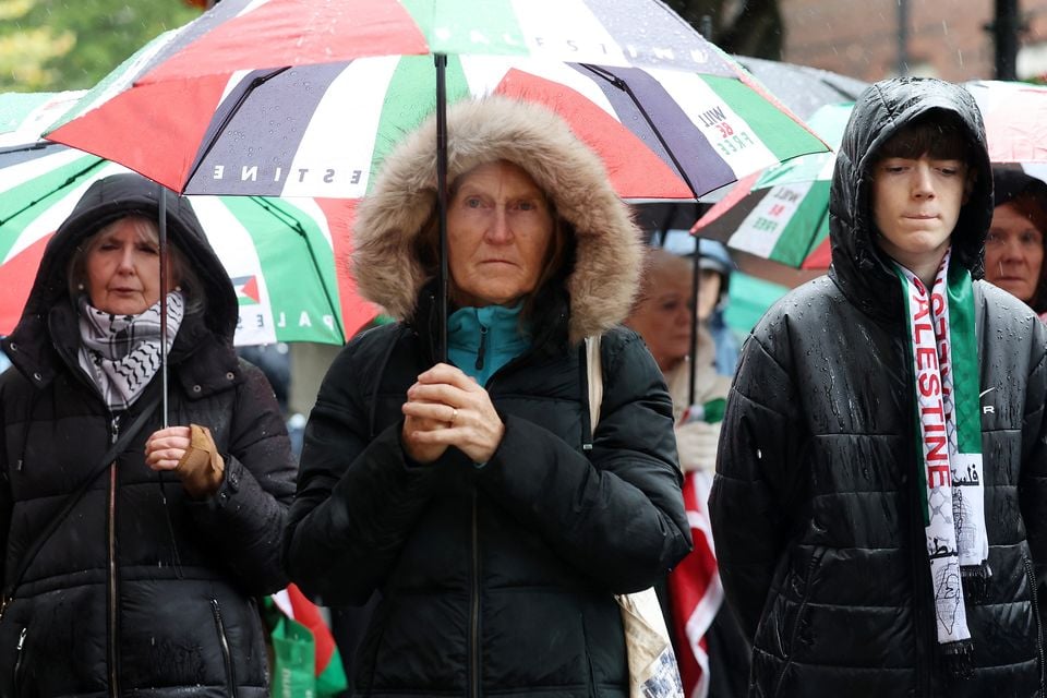 Pro-Palestinian protesters gather outside the BBC Northern Ireland office on Bedford Street in Belfast city centre. Picture by Jonathan Porter/PressEye
