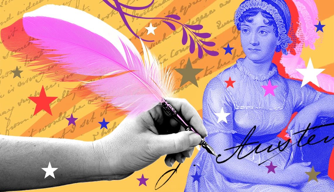 a collage with a portrait of jane austen and a hand holding a quill pen