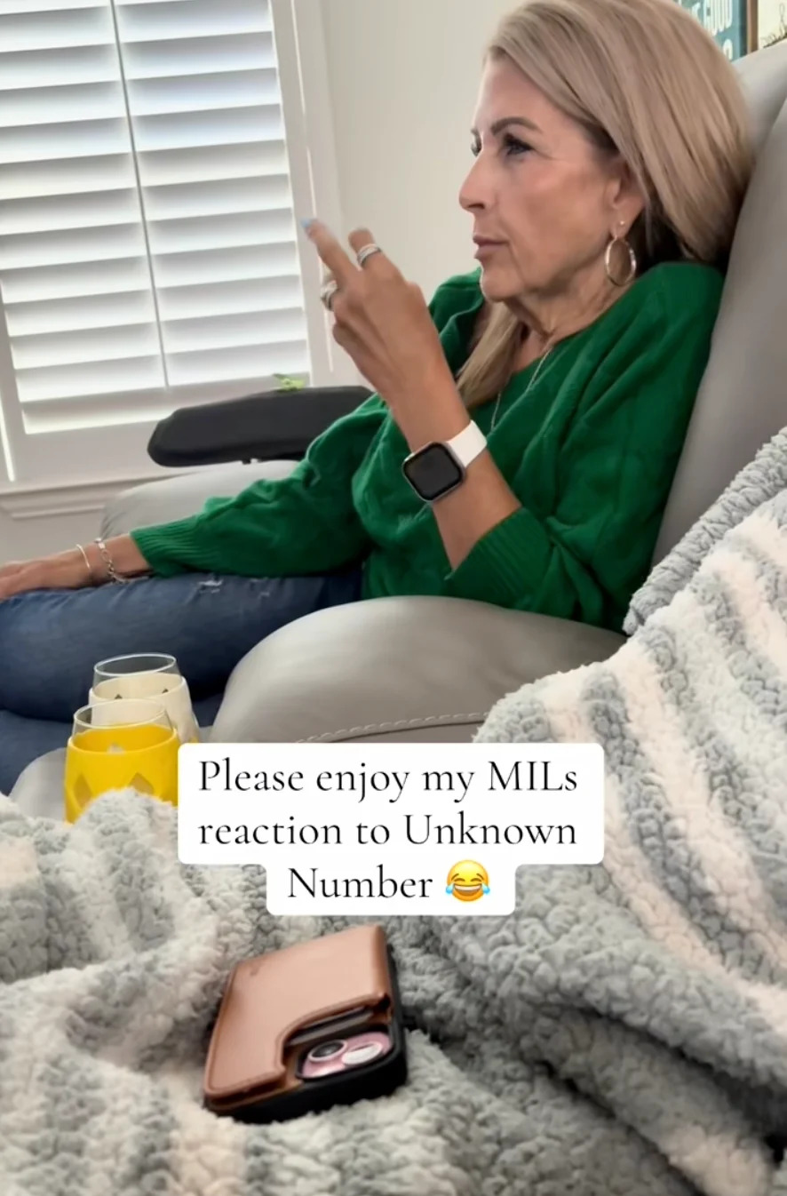 Woman in green sweater reacts intensely while holding phone; caption mentions her reaction to an unknown number