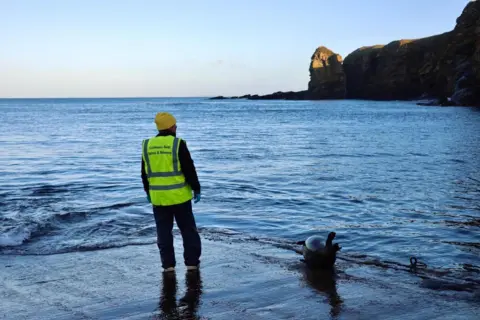Caithness Seal Rehab and Release Centre A person stands on a pier by the sea with their back to the camera. They are wearing an orange woolly hat and a high visibility vest, with the words "Caithness Seal Rehab and Release" in black letters. Next to them is a seal. It is on the pier and appears to be moving towards the water washing over the concrete structure. In the distance is a high sea cliff.