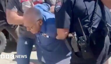 A man in a blue shirt being held by police officers