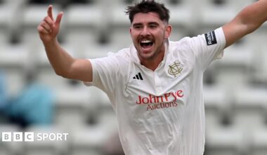 Josh Tongue celebrates taking wicket