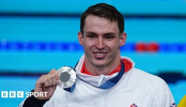 Benjamin Proud poses with his 50m freestyle silver medal from the 2024 Paris Olympics