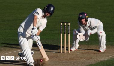Left-hander Jaydn Denly comes down the wicket to a delivery with wicketkeeper Matty Hurst watching behind the stumps