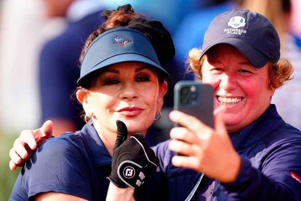 Catherine Zeta-Jones (left) during the All-Star Celebrity match at the Bethpage Black Course in Farmingdale, New York. Mike Egerton/PA Wire.