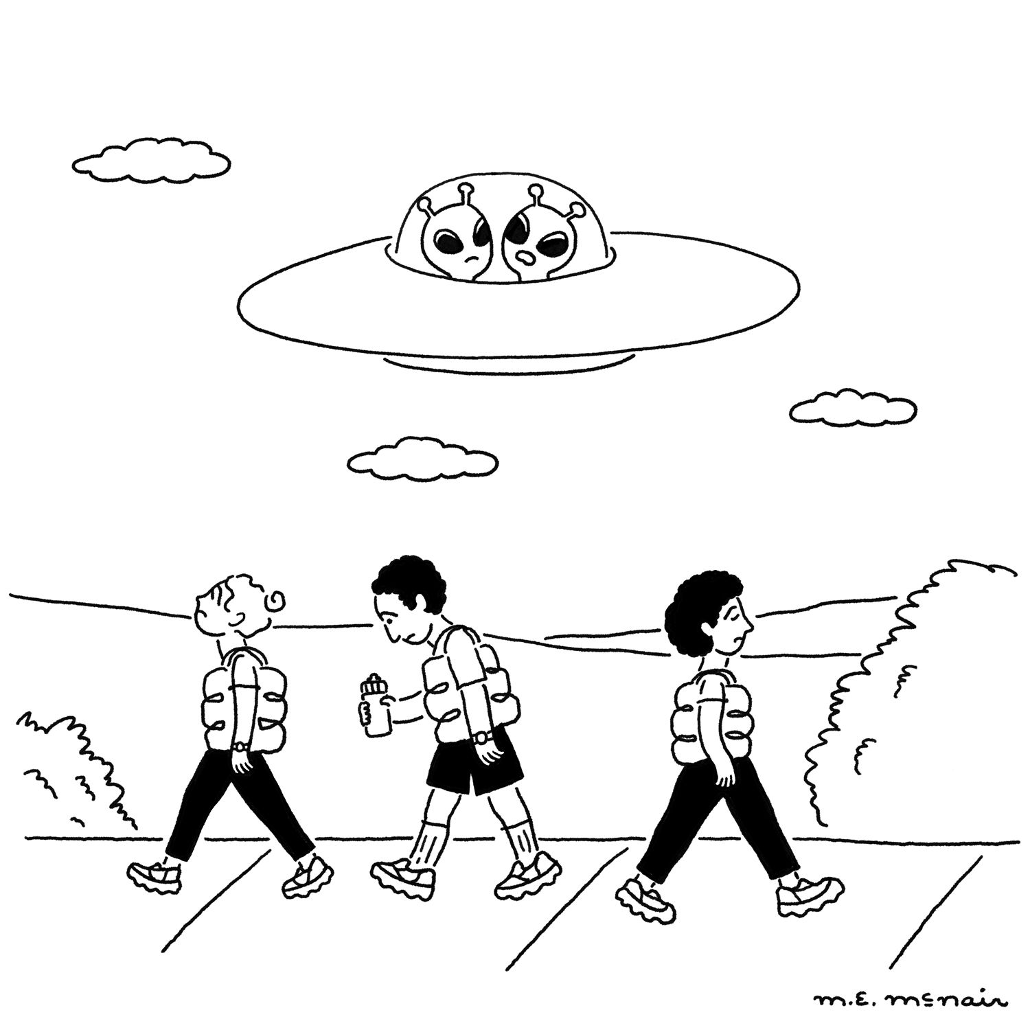 An alien spaceship hovers above three dejectedlooking people walking while wearing weighted vests.