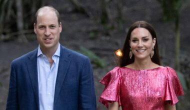 Prince William wears a navy suit with a light blue shirt and Kate Middleton wears a metallic pink dress