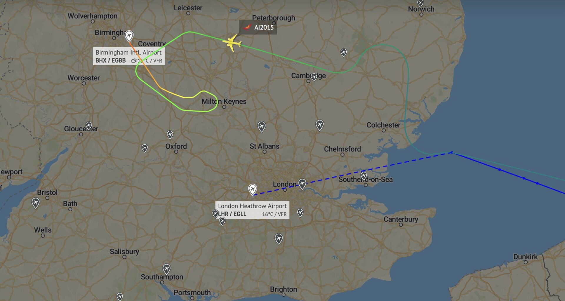 Air India Boeing 787 flight AI2015 to London just diverted to Birmingham