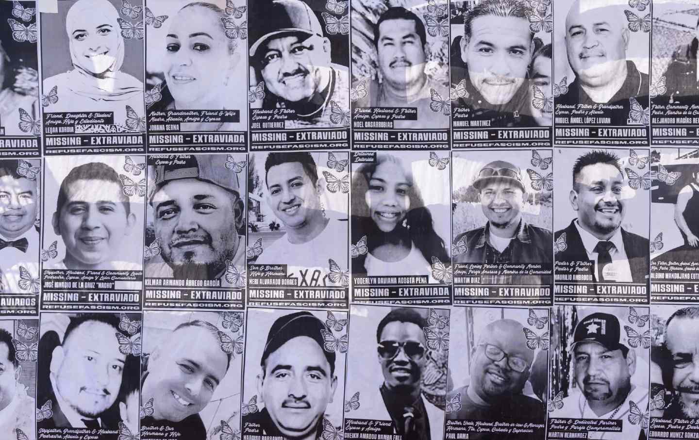 An art installation that displays black-and-white images of people detained or deported as a result of ICE raids in Southern California.