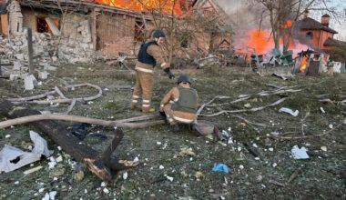 Ukrainian Emergency Services on Wednesday, Sept. 10, 2025, rescue workers put out a fire in a house destroyed by a Russian strike on a residential neighbourhood i