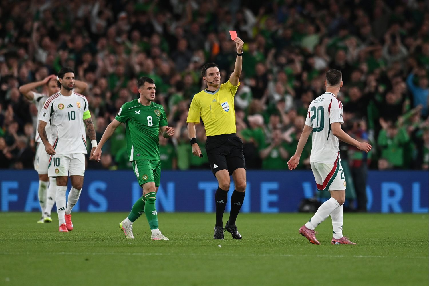 Roland Sallai of Hungary shown a red card