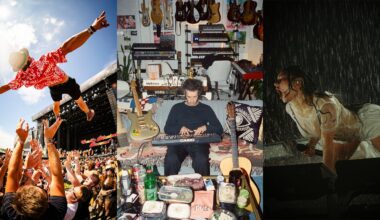 A collage of three scenes: a crowd surfing man at an outdoor concert, a person surrounded by musical instruments and gear in a cluttered room, and a woman onstage singing passionately in the rain.