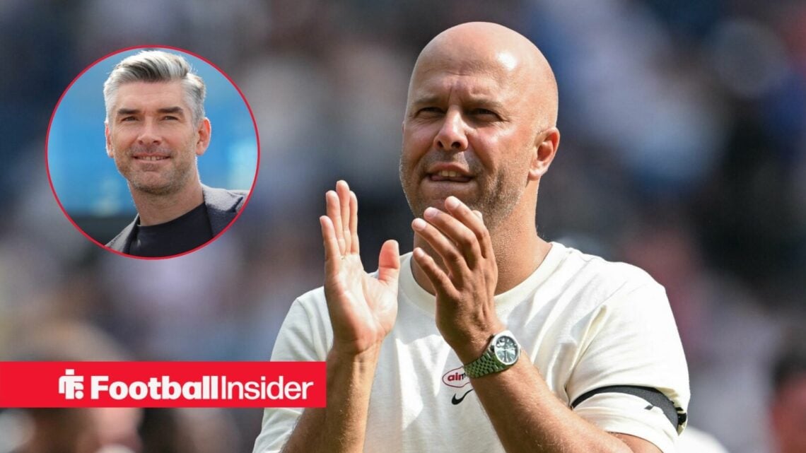 Arne Slot applauding his Liverpool team, with Richard Hughes in a circular inset