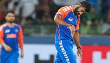 India's Jasprit Bumrah celebrates the wicket of Pakistan's Haris Rauf with a dipping flight celebration.