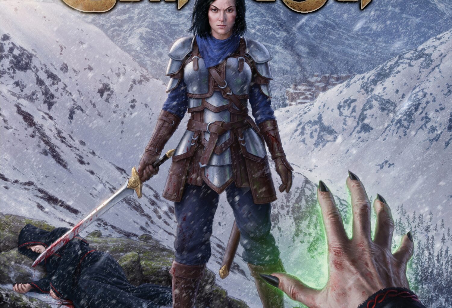 The album cover for Retribution by Burning Sun, out August 22nd on Metalizer Records. The artwork depicts a female warrior in steel armor standing in snowy mountains, holding a bloodied sword. A slain figure lies at her feet, while in the foreground, a hand crackling with green magical energy reaches toward her, emphasizing a scene of battle and vengeance.