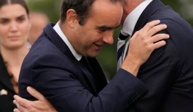 French Defense Minister Sebastien Lecornu, left, welcomes Deputy Prime Minister of Australia and Minister for Defense Richard Marles during a ceremony on Sept. 1, 2022, in Brest, Brittany, France. (AP Photo/Francois Mori, File)