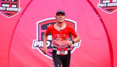 Cam Wurf runs to finish line IRONMAN Pro Series