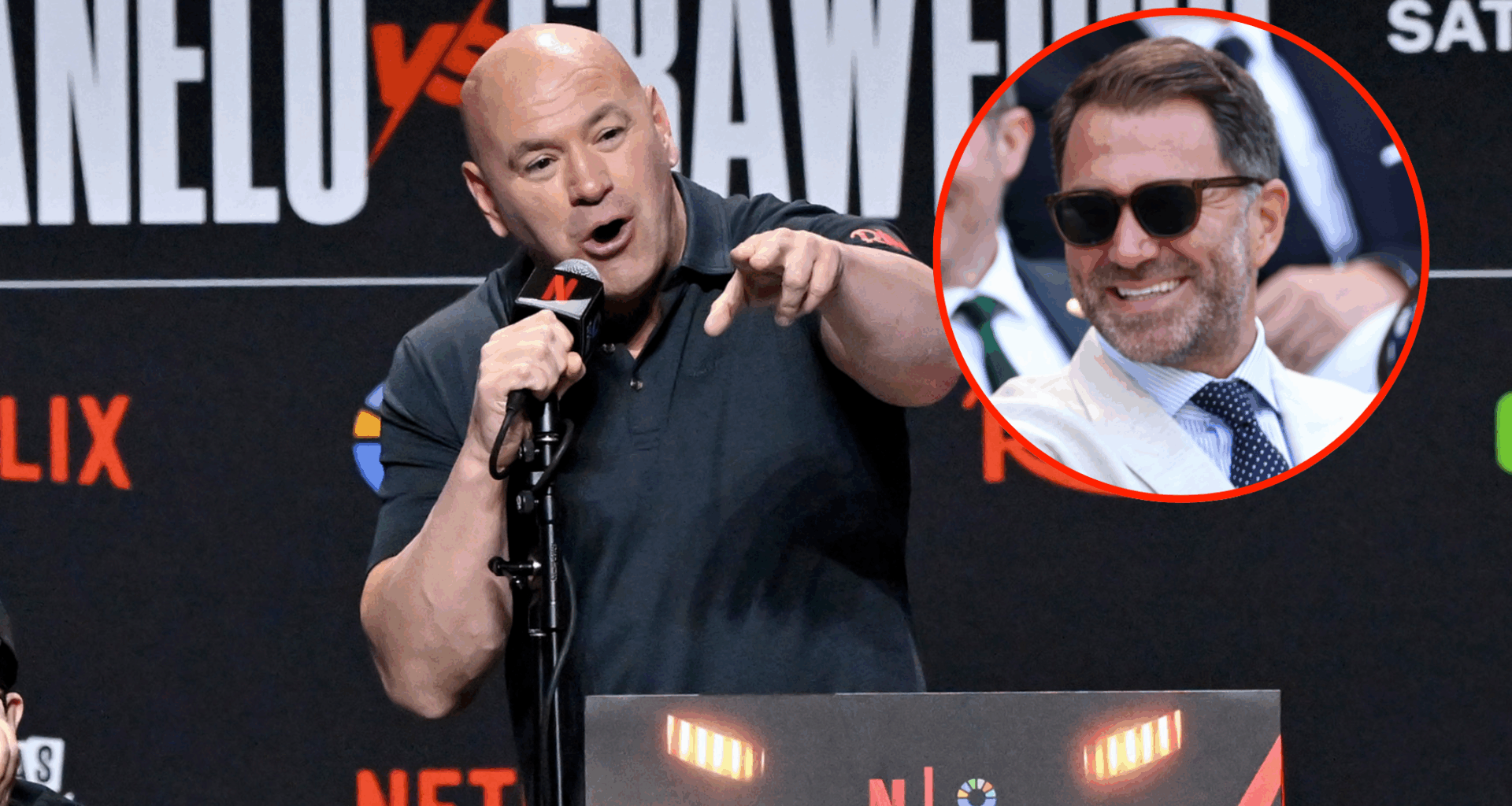 Dana White at a press conference pointing to someone. Bubble shows Eddie Hearn laughing