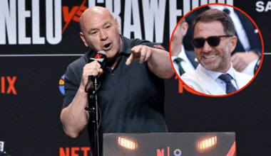 Dana White at a press conference pointing to someone. Bubble shows Eddie Hearn laughing