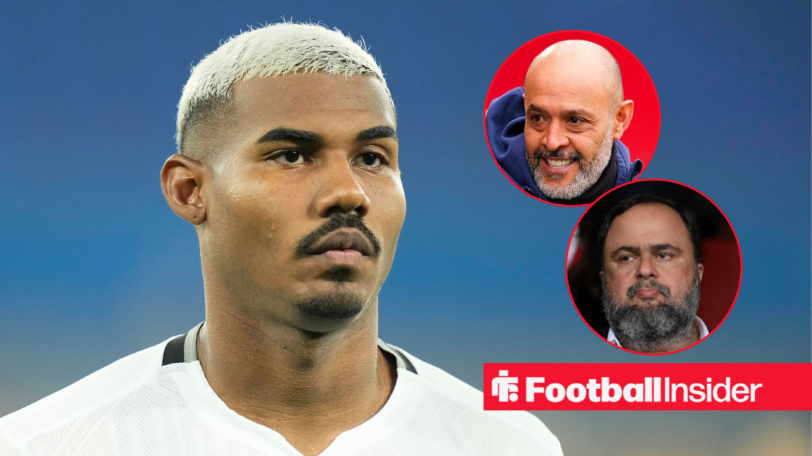 Cuiabano focused on the left with Nuno Espirito Santo smiling on the right alongside a serious Evangelos Marinakis