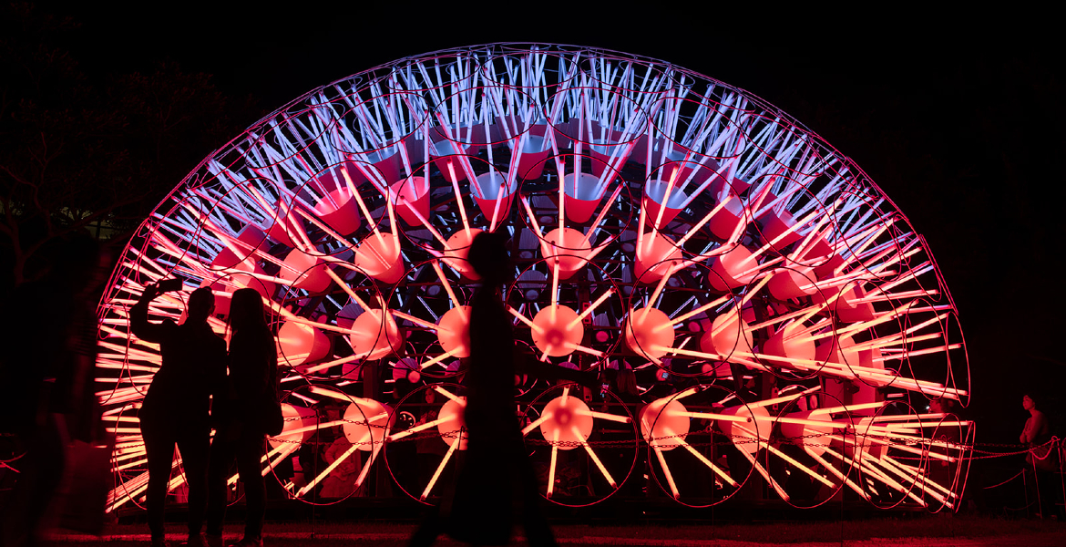 A large-scale bright installation at night