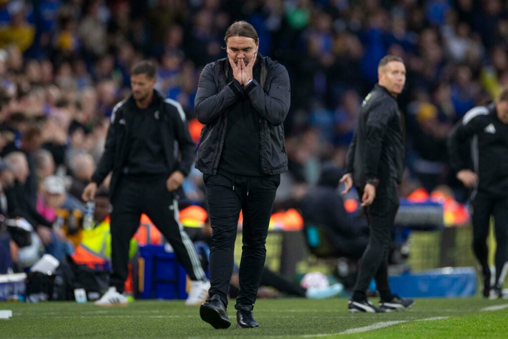 Daniel Farke with his head in his hands on Elland Road touchline