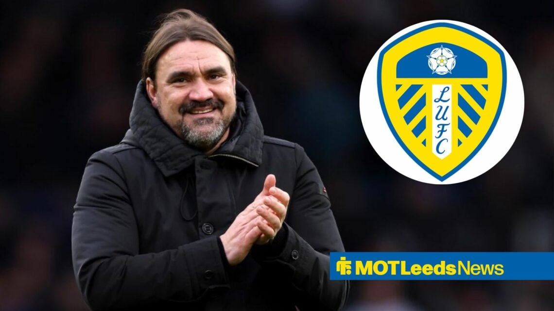 Daniel Farke in black coat looking pleased with Leeds badge in circular inset