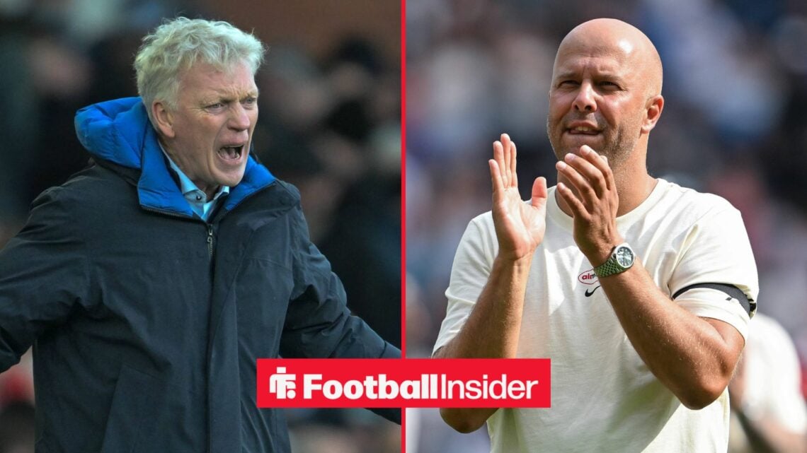 David Moyes looking angry alongside Arne Slot clapping