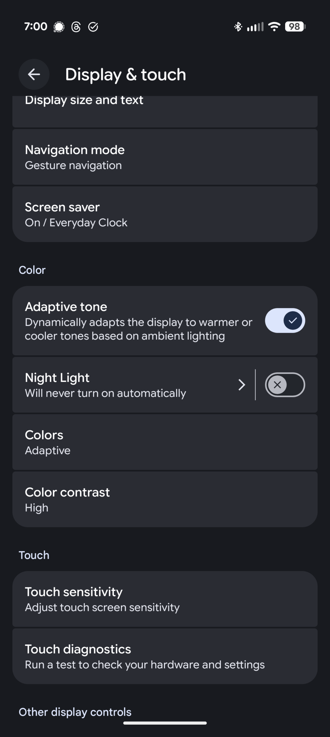 Display settings on Pixel 10