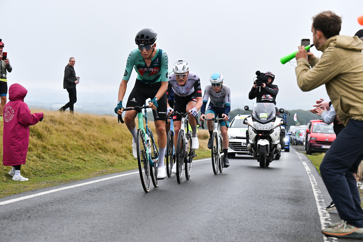 The Breakaway - Mats Wenzel (Equipo Kern Pharma), Julius Johansen (UAE Team Emirates &ndash; XRG) Fred Wright (Bahrain &ndash; Victorious), Bastien Tronchon (Decathlon AG2R La Mondiale Team) taking the KOM points