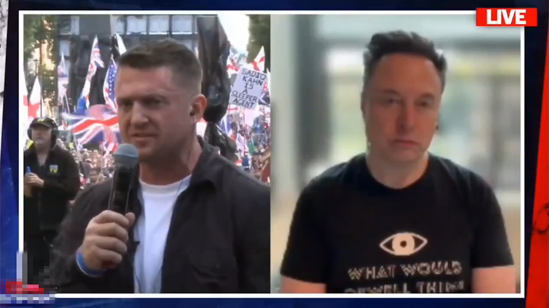 Elon Musk appeared via video link to Robinson’s protest, sparking an outcry