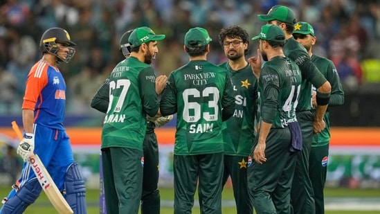 Pakistani players celebrates the wicket of India's Abhishek Sharma, second left, during the Asia Cup Super Four stage.(AP)