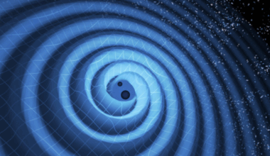 An illustration of binary black holes ringing space-time with gravitational waves