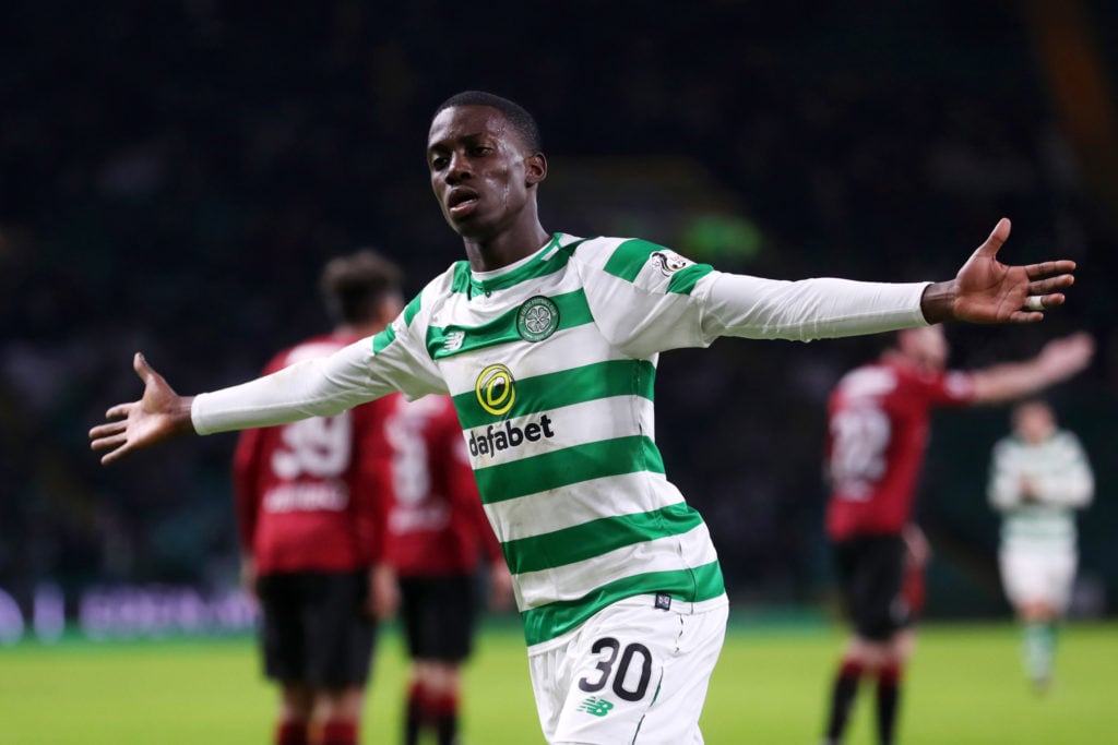 Timothy Weah of Celtic celebrates scoring his team'St Mirren fourth goal during the Ladbrokes Scottish Premiership match between Celtic and St Mirren at Celtic Park