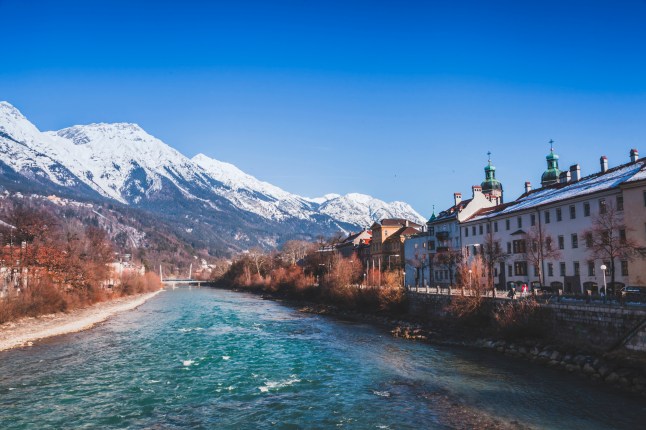 Colored buildings along the Inn river in Innsbruck