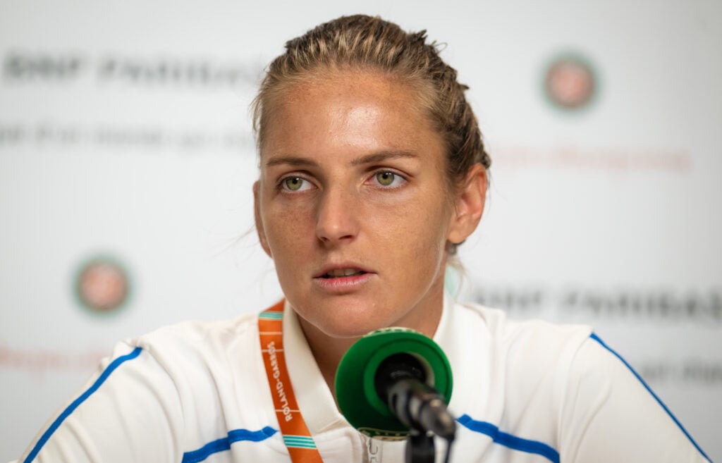 Karolina Pliskova of the Czech Republic talks to the media after defeating Tessah Andrianjafitrimo of France in her first round match on Day 3 at Roland Garros.