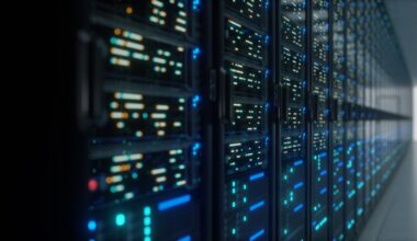 Modern data center with servers with lights on them.