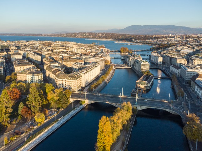 Aerial view of the Rhone river that flow in the heart of Geneva, Switzerland