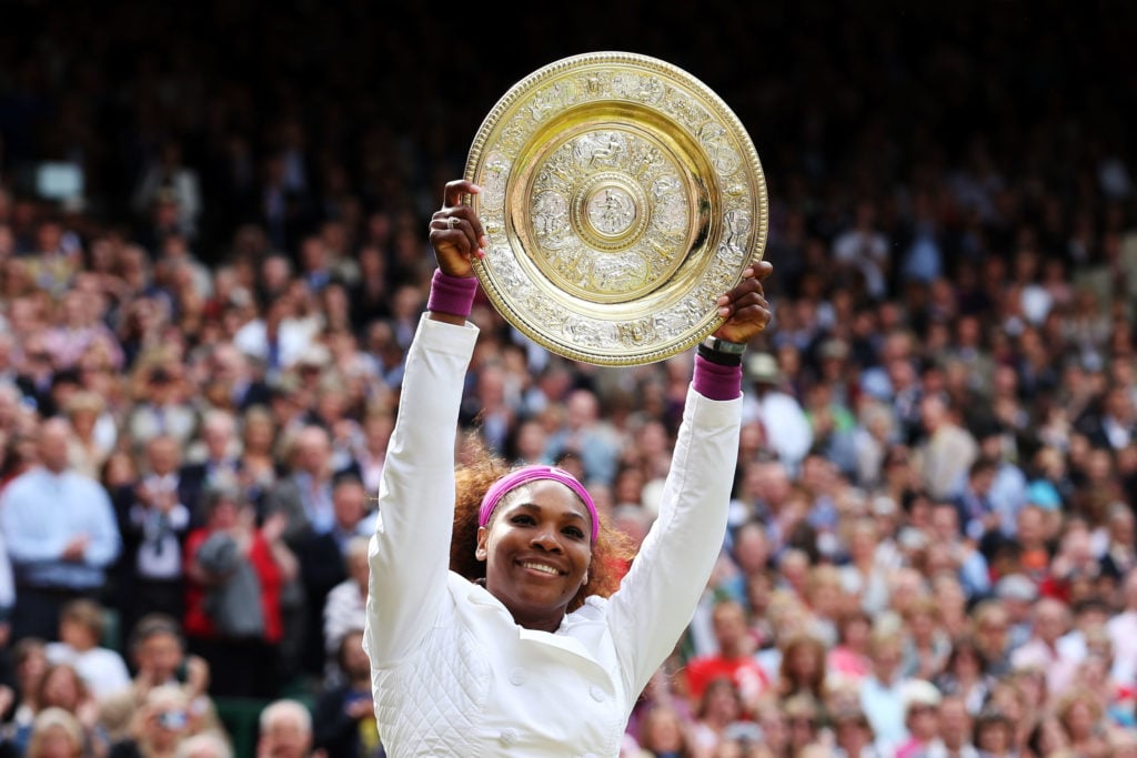 Serena Williams holding the Wimbledon title in 2012.