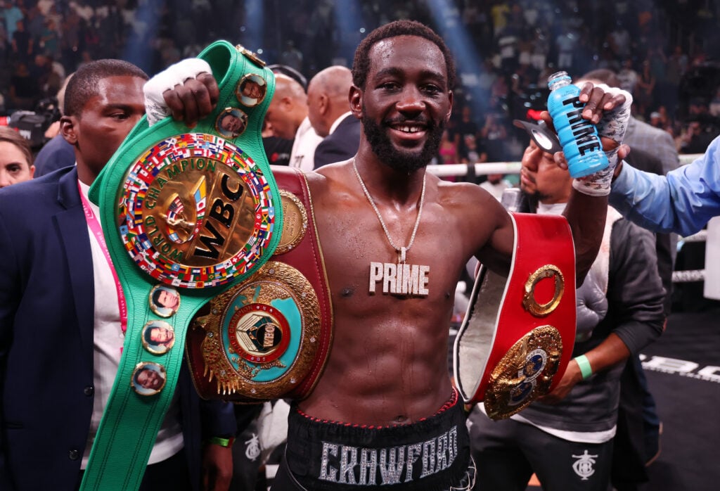 Terence Crawford celebrating after beating Errol Spence Jr.
