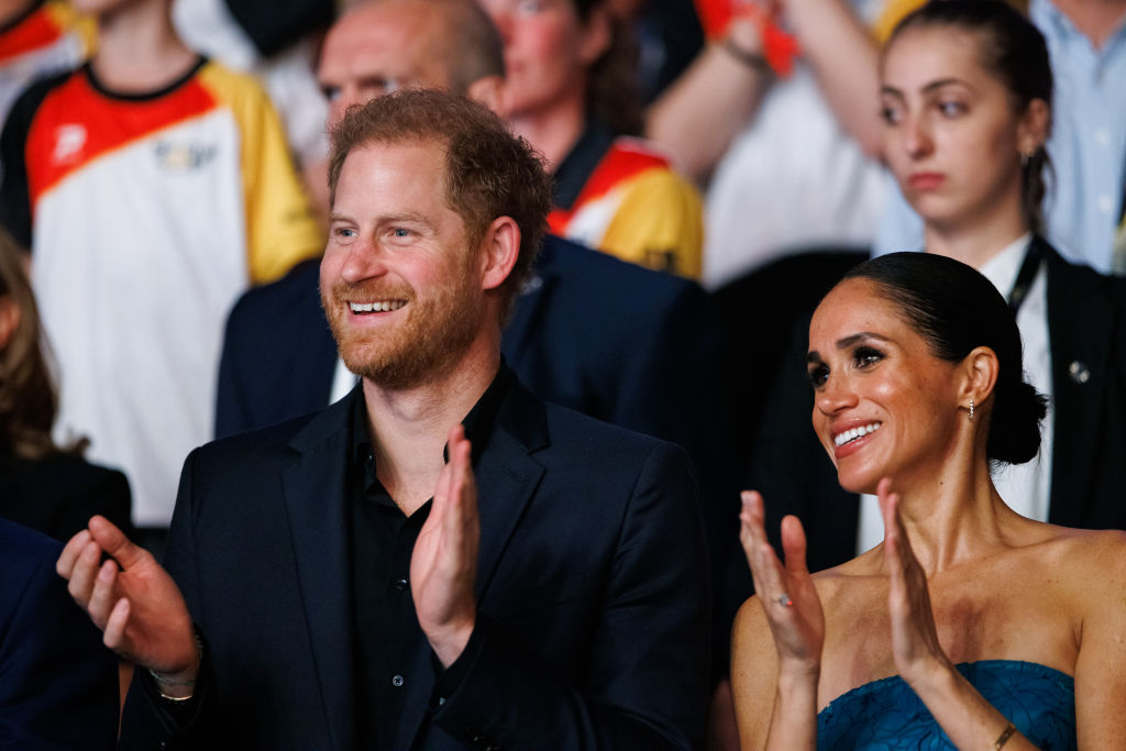 Prince Harry, Duke of Sussex and Meghan, Duchess of Sussex are seen during the closing ceremony of the Invictus Games Düsseldorf 2023 at Merkur Spiel-Arena on September 16, 2023 in Duesseldorf, Germany. (Photo by Joshua Sammer/Getty Images)