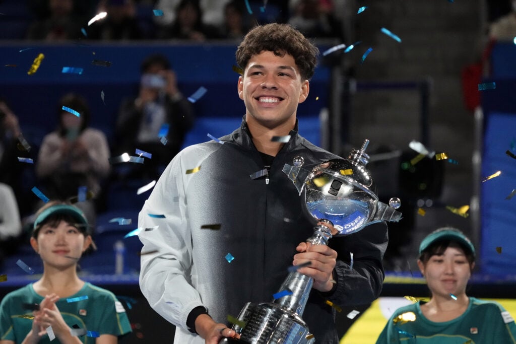 Ben Shelton of the United States poses with the trophy after defeating Aslan Karatsev of Russia their singles in the finals during day seven of the Kinoshita Group Japan Open at Ariake Coliseum.