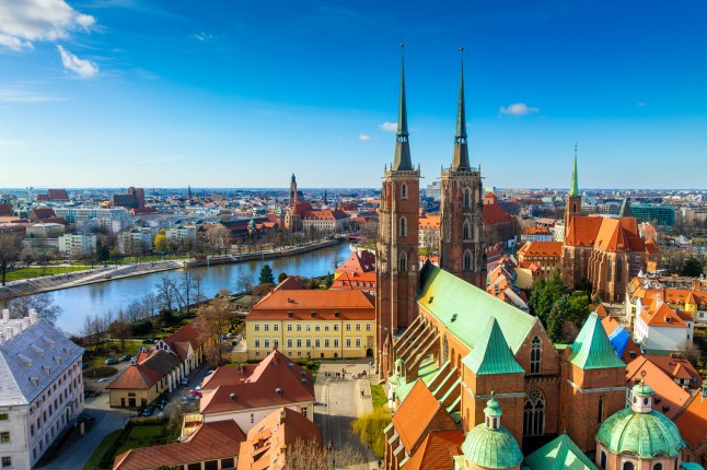 Panoramic view of the Old Town of Wroclaw with St. John's Cathedral and the Odra River. Wroclaw, Poland