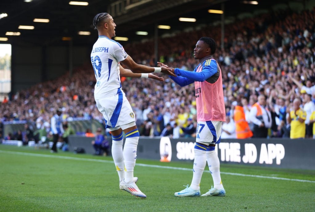 Mateo Joseph and Largie Ramazani celebrate a Leeds goal.