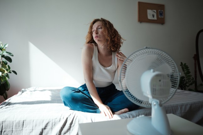 Suffering from summer heat at home, young woman sitting in front of electric fan holding glass of water, enjoying fresh air, cooling down during heatwave